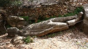 Kouros of Melanes. The first of the two acient marble statues preserved in place