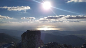 On a clear day, hikers can enjoy a panoramic view of the Aegean Sea and the neighboring islands