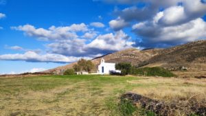 The view of Small white chapel in the prairie